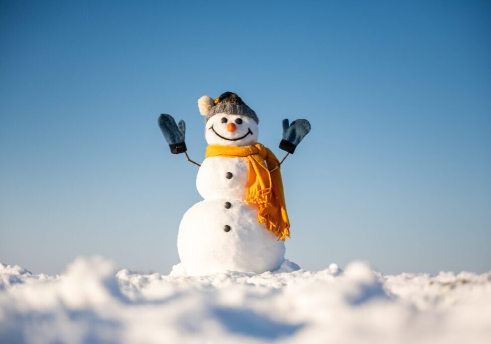 Funny,Snowman,In,Knitted,Hat,And,Yellow,Scalf,With,Hands